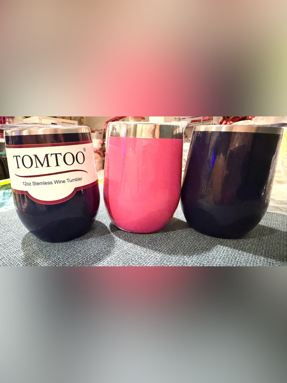 3 New Stemless Wine tumbler 12 oz. Navy- Tomtoo brand  Pink- Dokio Life